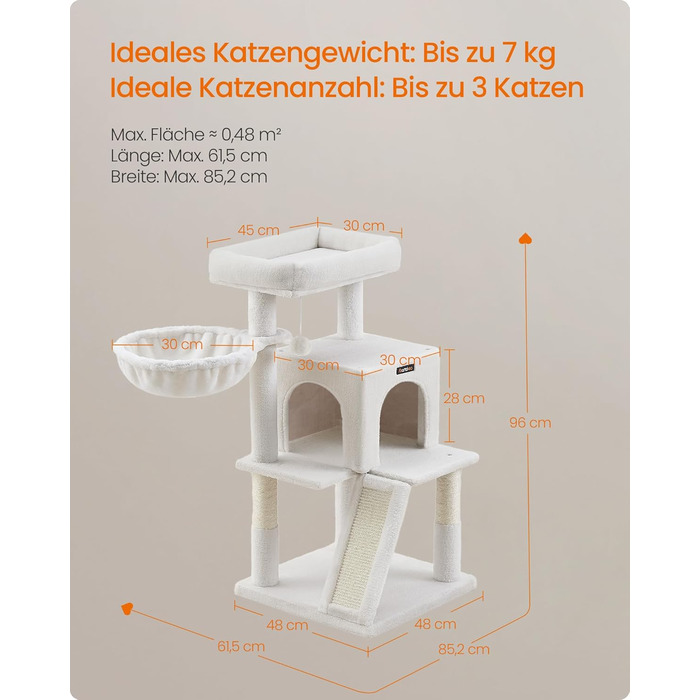 Дерево для котів Feandrea 96 см з платформою, будиночком, гамаком та сходами, PCT51W (кремовий)