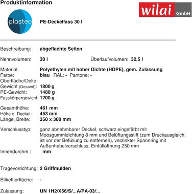 Пластикове відро Plasteo® 30 літрів з кришкою на затискач | Харчовий пластик | Контейнер для корму | Герметичне закриття | Складається в стос та підходить для палет | Міцні ручки | Синій