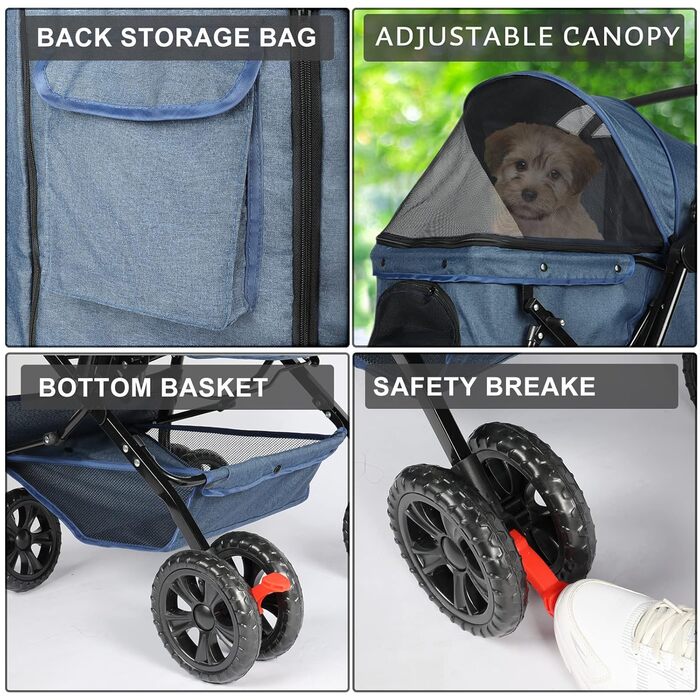 Візок для собак Wedyvko до 20 кг, 4 колеса, складний, для маленьких та середніх собак та котів, з кошиком та тримачем для напоїв, блакитний