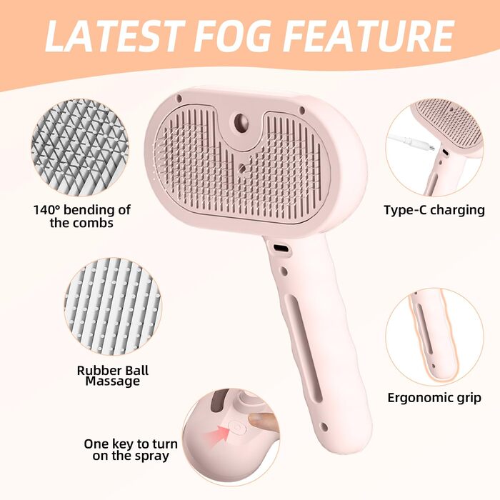 Щітка для котів RCIDOS зі спінером, багатофункціональна щітка-масажер для котів та собак, видаляє шерсть одним натисканням (рожева)