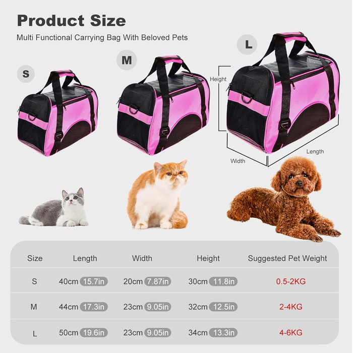 PETCUTE Сумка-переноска для собак і котів, рожева, 50 x 23 x 34 см