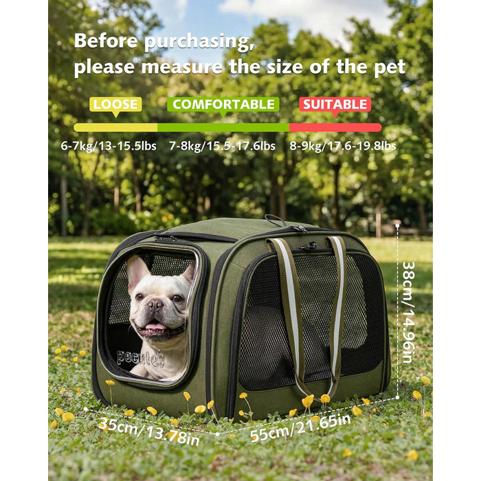 Переноска для котів та собак Pecute XL (55x38x35 см) - складна сумка-переноска з вікном, м'яким килимком, для авто, подорожей, ветеринара, зелена