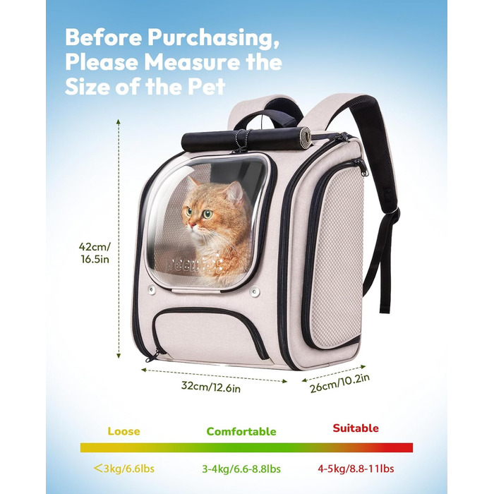 Рюкзак для кота Pecute з вікном-бульбашкою, дихаючий, 42x32x26 см, Khaki