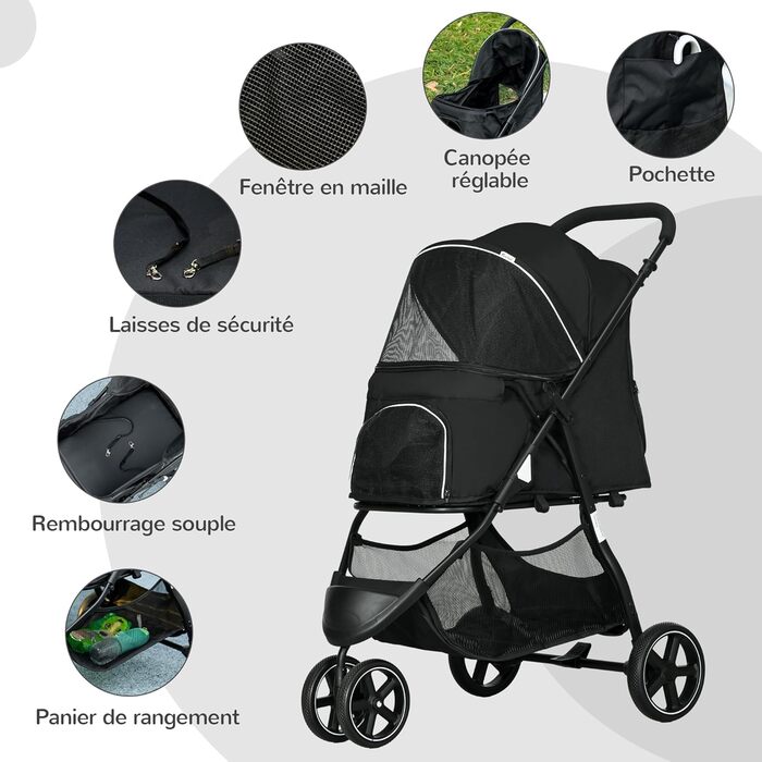 PawHut Buggy для собак та котів, чорний, 83x55x101 см, складна конструкція, EVA колеса, регульований кермо, корзина