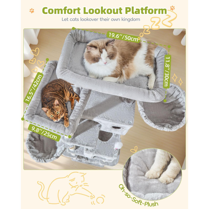 Кігтеточка для котів Taoqimiao 193 см, велика, XXL, з будиночками, гамаком, платформами та 8 стовпчиками для заточування кігтів, сірого кольору MS046W