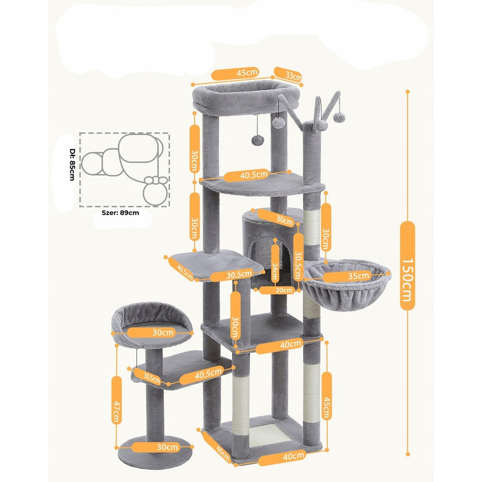 Багатоярусний когтеточка-комплекс для котів 150 см, стійкий, з ліжком — сірий