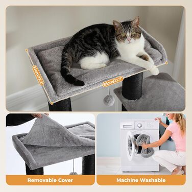 Когтеточка для великих котів PAWZ Road XXL 169 см, стабільна, з гамаками, 13 стовпцями з сизалю, великою лежанкою, будиночком, кошиками, чорна, вироблено в ЄС