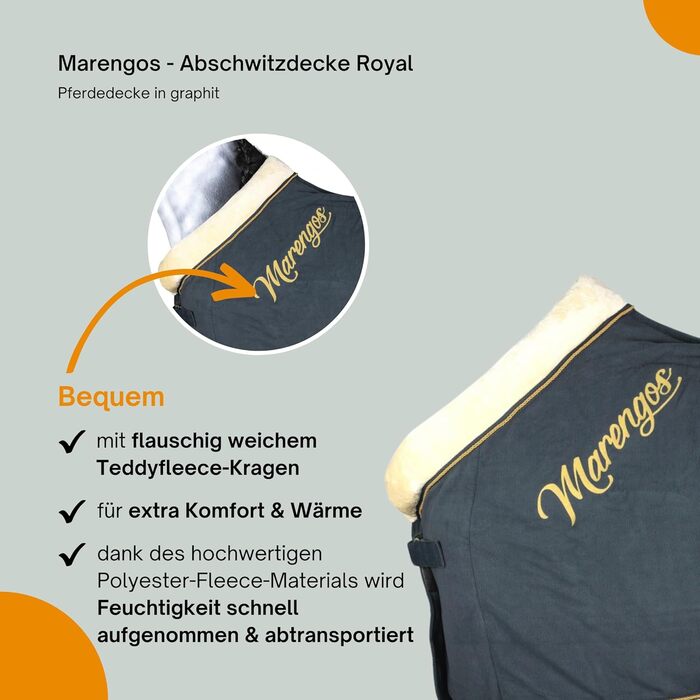 Флісова попона для коня Marengos Royal, графіт, 135 см – кінська попона з хрестовими ременями, м’яким коміром, застібкою на грудях і ременем для хвоста, швидке вбирання вологи, для стайні