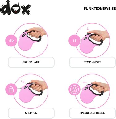 Рулетка для собак DDOXX - міцна, світловідбиваюча, рожева, до 20 кг, 5 м