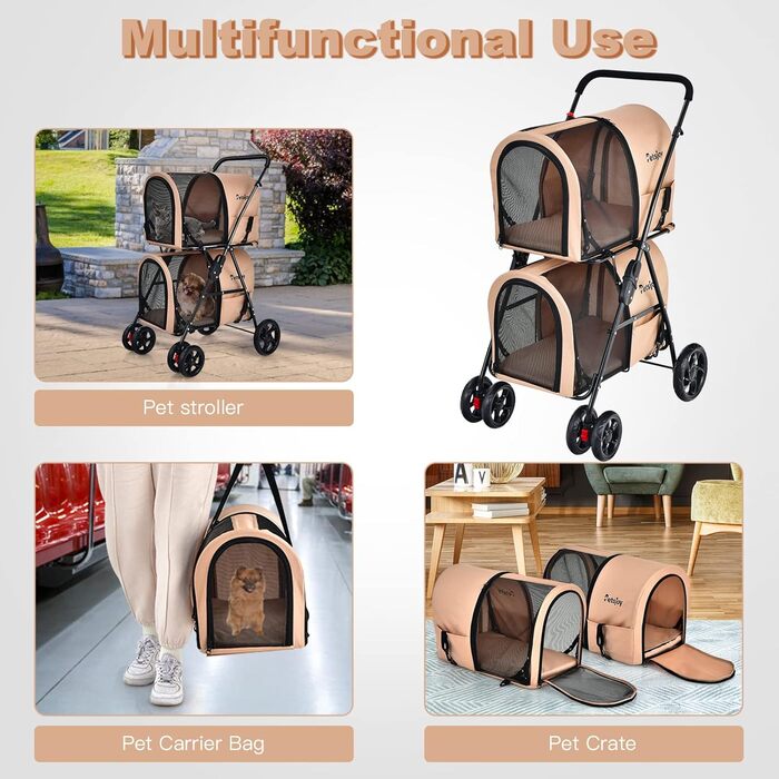 Візок для тварин GOPLUS 2-рівневий складний, 3-в-1, для котів та собак (Бежевий)