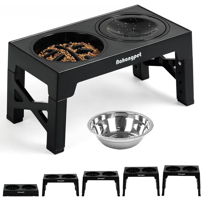 Набір мисок для собак NAHANGPET 3-в-1: повільне годування, регульована висота, антиковзаючі, чорні. Підходять для собак різних розмірів.