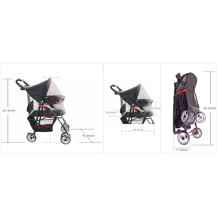 Чотирьохколісний візок для тварин FourPaw з повним оглядом, з замком, для котів та собак, з кошиком для зберігання та тримачем для напоїв