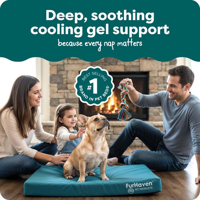 Водонепроникне ліжко для собак FurHaven з охолоджуючим гелем, середнього та малого розміру, знімний, пральний чохол, до 15,9 кг, для дому та вулиці, з логотипом, водонепроникний принт (Deep Lagoon), розмір L (76 x 51 x 8 см)