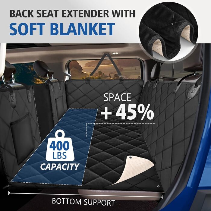 Захисний чохол на заднє сидіння для собак XL, чорний з ковдрою, водонепроникний, з жорсткою основою, для вантажівок та позашляховиків