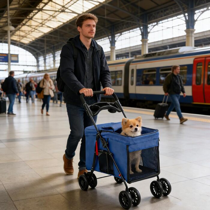 Дитяча коляска для тварин Homewell, складана, з сіткою, ременями та тримачем для напоїв, до 20 кг (блакитна)