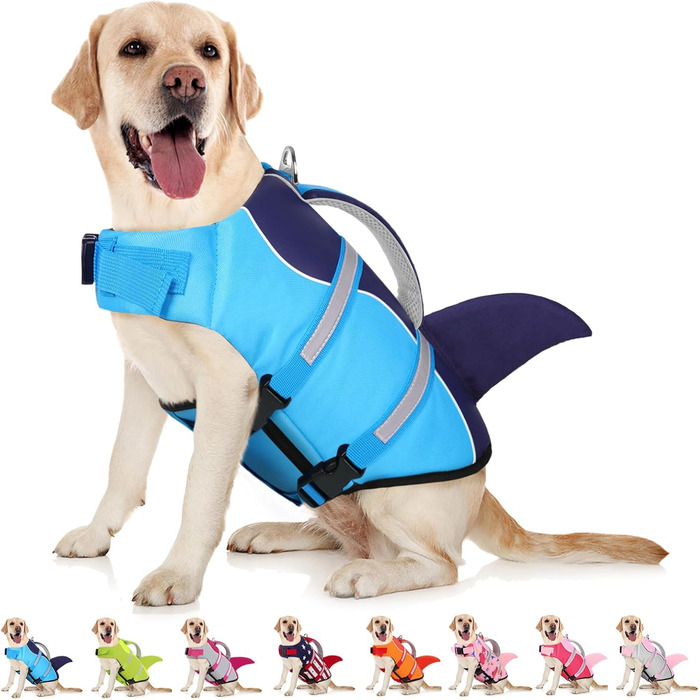 Жилет для плавання собак AOFITEE, блакитний, розмір Large, з рятувальним ручками та світловідбиваючими смугами