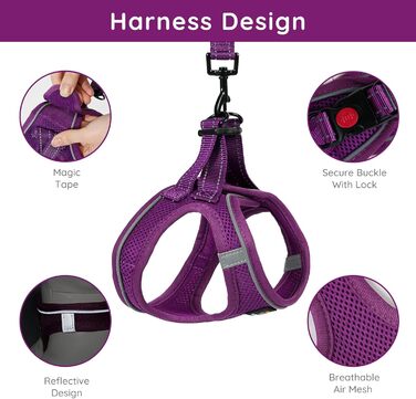 Шлейка для собак BELLA & PAL для маленьких собак з повідком, Step-in шлейка з Air Mesh, анти-тяга, світловідбиваюча, дихаюча, для цуценят, котяча шлейка, XS (XXS (28-30см обхват грудей), фіолетова)