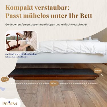 Східці для собак до ліжка з поручнями - для великих собак до 90 кг - регульована висота до 94.5 см - ширина 49,5 см - складані - антиковзні ручки - береза - натуральний колір (волоський горіх)