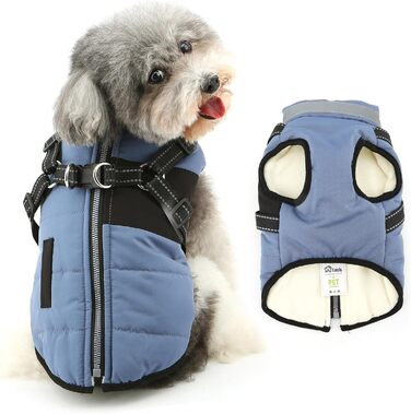 Тепла куртка для собак Yorkie та Chihuahua з підкладкою з флісу та інтегрованим повідком, вітронепроникна, (S, блакитна)