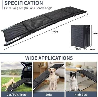 Рампа для собак 180 см, автоматичне складання, з антиковзким покриттям, для авто, позашляховиків та вантажівок, підходить для великих та середніх собак до 95 кг