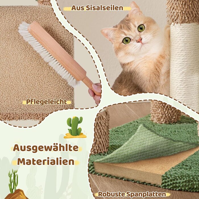 Дім-когтеточка для котів Yaheetech Kaktus: стабільна конструкція, оглядові платформи, печера, лежанка, сизаль, бежево-коричневий (коричнево-зелений, M)