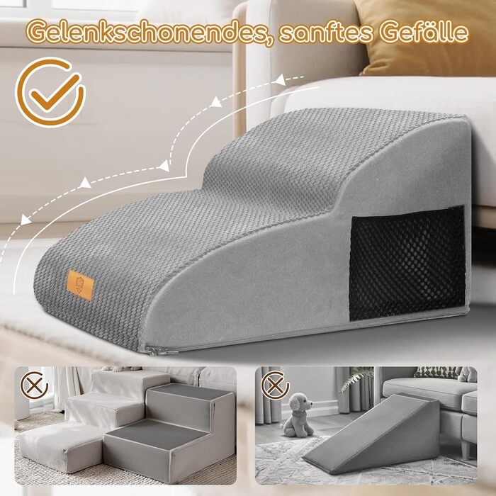 Сходинка для собак маленьких порід, водовідштовхувальна, 3 сходинки, з високощільнісного губки, знімна, для софи та ліжка, сіра