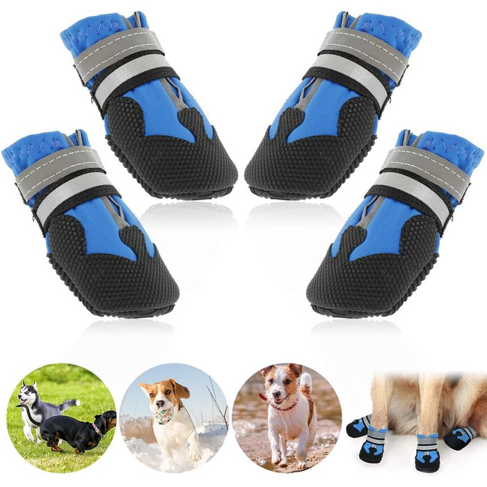 Водонепроникні чоботи для собак Bau+Schwarz, 4 шт. - захист лап для малих, середніх та великих собак, з відбиваючими ременями, блакитні (XXL)