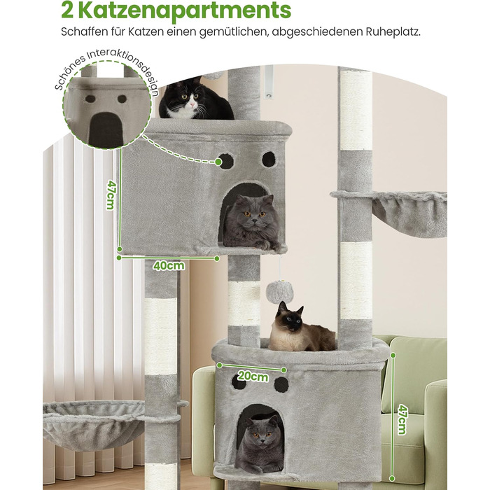 Комплекс для котів Kratzbaum XXL 213 см, світло-сірий: кігтеточка, будиночок, платформа, гамак