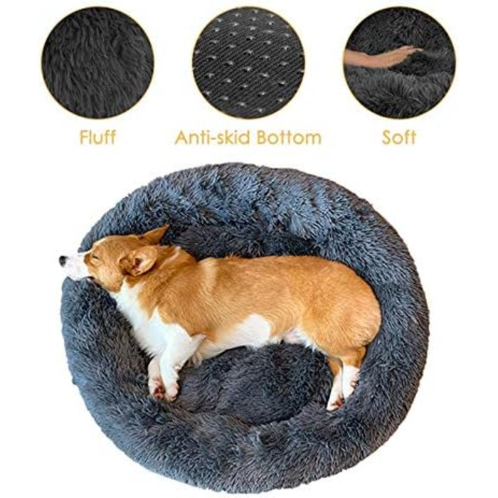 М'яке ліжко для собак та котів великих та екстра-великих порід, круглої форми, плюшеве, біле, діаметр 100 см, темно-сіре