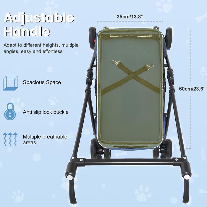 Складаний візок для собак з 4 колесами та дихаючою сіткою - Легкий транспортний візок для маленьких собак та котів до 10 кг, з регульованим сонцезахистом, тримачем для напоїв та страхувальним ременем (Блакитний)