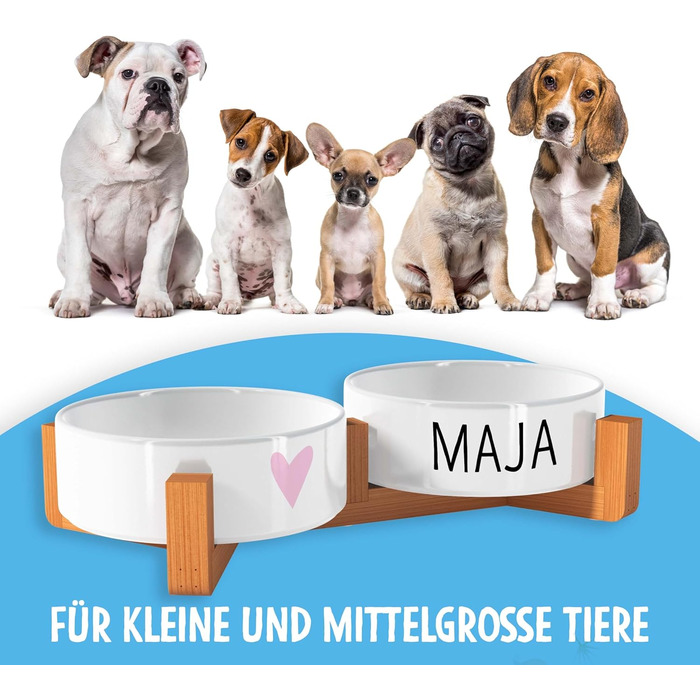 OWLBOOK Миска для собак з іменем Rosa Herz, подвійна керамічна миска з бамбуковим підставкою, 300 мл