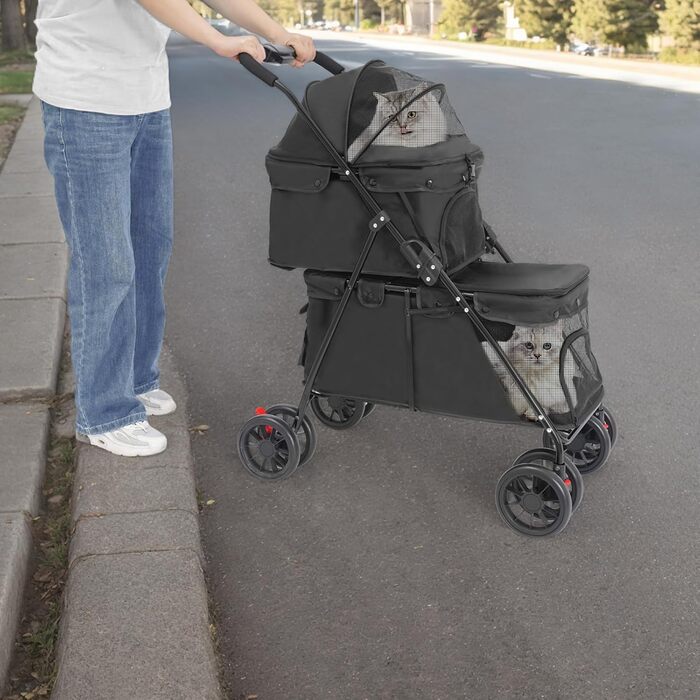 Двошаровий візок для домашніх тварин з сітчастим вікном, гальмом та сумкою для зберігання. Складаний двоярусний візок для собак та котів, вантажопідйомність 15-20 кг (Чорний)
