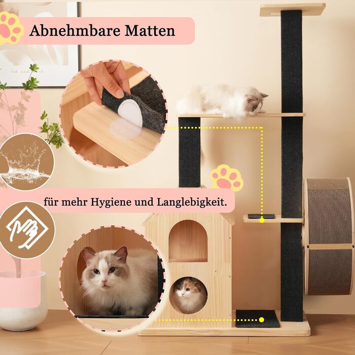 Кігтеточка для котів CareCooo 135 см з 12 стержнів, стабільна, з будиночком, сизаль, захист від перекидання, водонепроникна, для великих котів, коричнево-біла (Натуральний + Чорний + Дерево, XL)