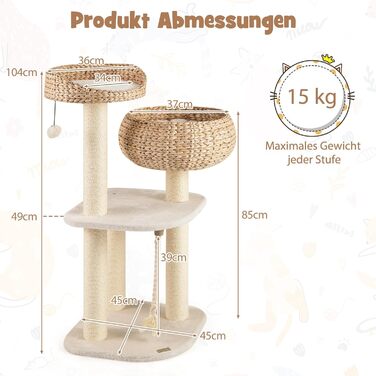 Драбина-стінка для котів GOPLUS з сизалевими стовпчиками, м'ячиком, гачком, просторою платформою, гніздом з соломи та стійкою конструкцією. Підходить для кількох котів (Бежевий)