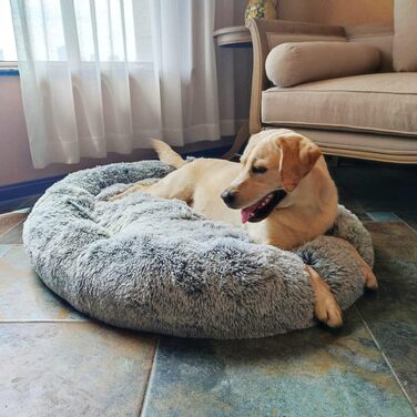 Coohom Овальне заспокійливе ліжко для собак у вигляді пончика, штучне хутро, ліжко для котів, миється, кругла подушка, ліжко для домашніх тварин (76,2 см/91,4 см/109,2 см) для маленьких та середніх собак (XXL (109,2 x 86,4 x 20,3 см) сірого кольору