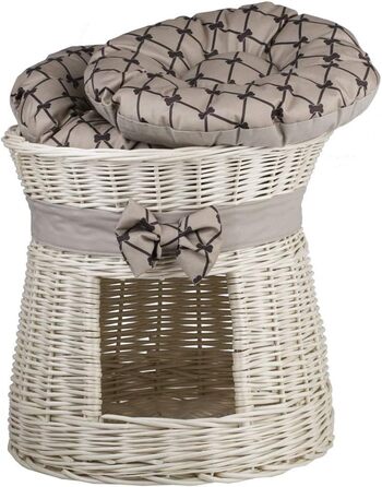 Кругла котяча хатинка e-wicker24 з плетеної лози, двоярусна, з подушкою та стрічкою, котячий турнік (кремово-бежевий)