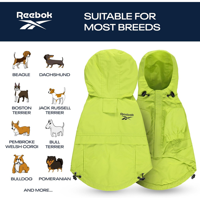 Reebok Дощовик для собак з капюшоном, водонепроникна куртка для малих і великих порід, регульований шнурок, легкий і гіпоалергенний
