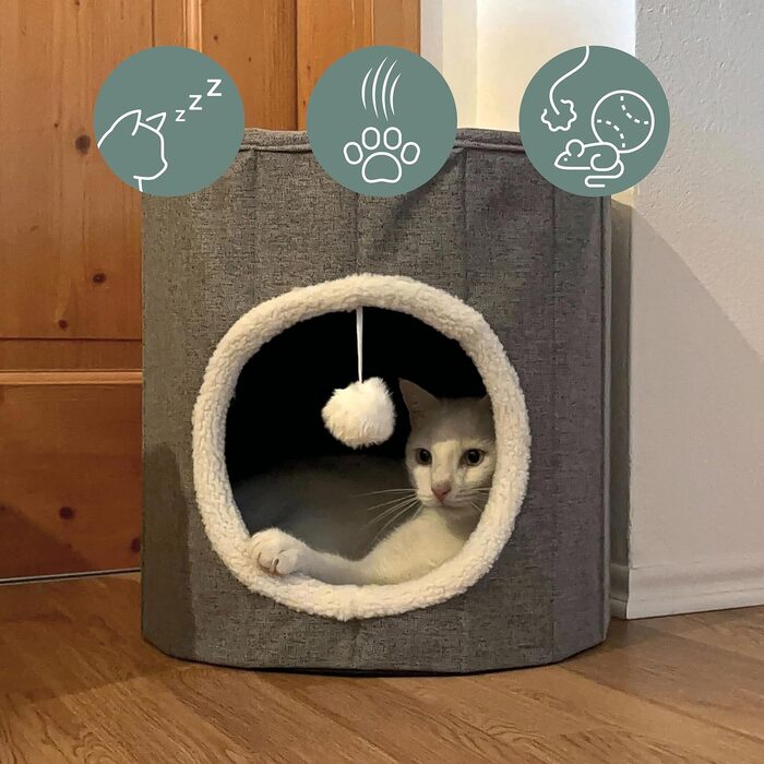 Квітковий будиночок для котів PAWY з подушкою, складне ліжко для котів з тканини букле, знімний верх, 40x40x44 см (Круг / 38 x 38 x 38 см, Сірий)