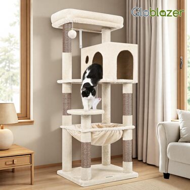 Комплекс для котів Globlazer Kratzbaum Бежевий з гамаком 45x40 см, будиночком та платформою 137 см - дряпка для котів в приміщенні