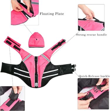 Жилет для плавання собак Французького бульдога, жилет для плавання, катання на човні, з поплавком на підборідді та рятувальним гачком, високий клас (обхват грудей: 43,2 см - 76,2 см), рожевий