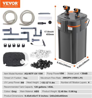 VEVOR Каністровий фільтр для акваріума 264GPH, 3-ступінчастий, ультратихий, з UV-захистом, 11 Вт, для акваріумів до 284 л