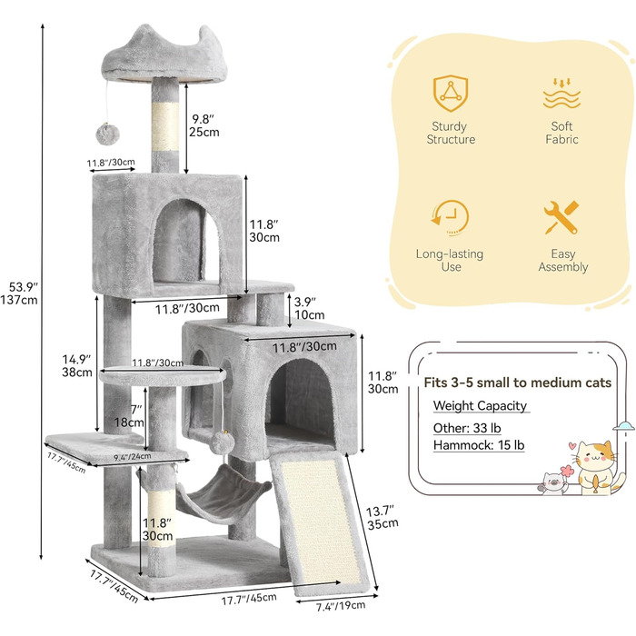 Кігтеточка YITAHOME XL, 137 см, з 2 сизалевими стовпцями, 1 платформою, 2 печерами, гамаком, іграшками-м'ячиками та кігтедробилкою. Ідеальний кімнатний комплекс для котів, сірий колір.