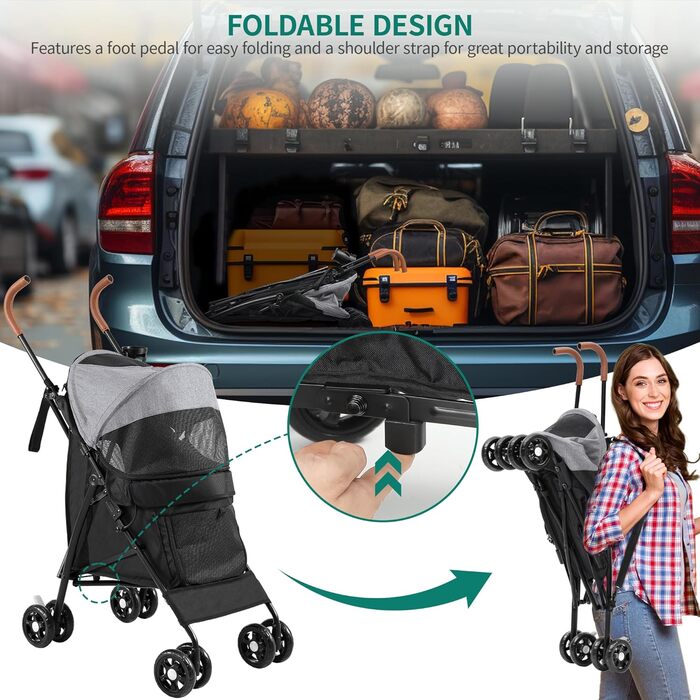 Візок для собак YITAHOME - переноска для тварин до 11,3 кг, з сіткою, тримачем для напоїв, кошиком та переноскою (сірий/чорний)