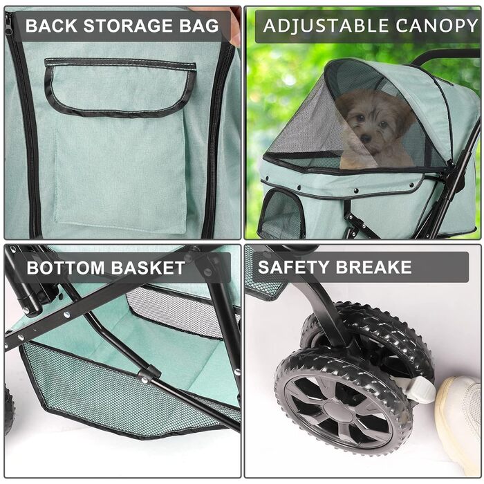 Візок для собак Wedyvko до 20 кг, 4 колеса, складний, для маленьких та середніх собак/кішок, з кошиком для зберігання та тримачем для напоїв, зелений