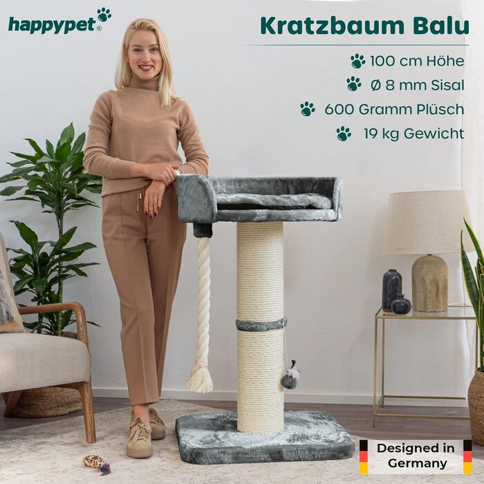 HAPPYPET Преміум Дряпальня 'Balu' для великих котів, стійка - котячий комплекс, кліматична драбина, для Мейн-кун, Регдолл, міцний сизаль, товсті стовпи 18 см, 100 см у висоту, сірий (BASIC)
