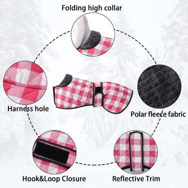Водонепроникний собачий дощовик Geyecete для венгерських доберманів, віндхаундів та інших, з флісовою підкладкою, регульований, теплий, в клітинку рожевого кольору, розмір S (довжина спини 51-53 см) / L (довжина спини 61-64 см)