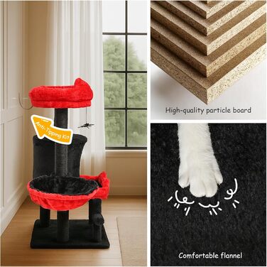 Котячий комплекс Gothic Halloween: стійка кімната з ліжком, будиночком та когтеточками, 84.5 см (Чорний/Червоний)