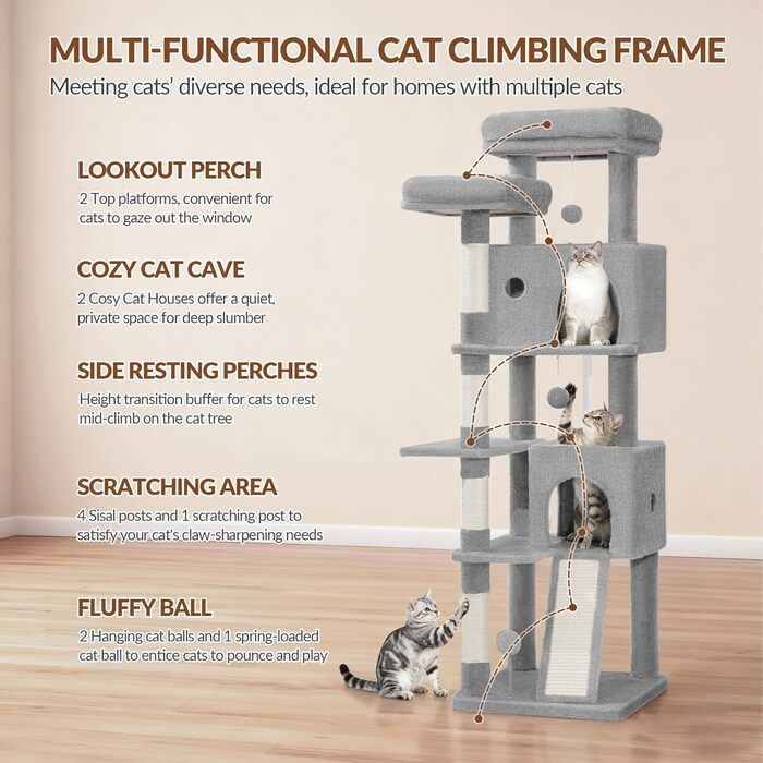 Котячий будиночок Kratzbaum 178 см, великий, сірий: кігтеточка, будиночок, платформа, іграшки