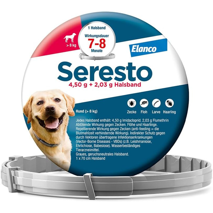 Нашийник Seresto® від Elanco для великих собак (від 8 кг): захист від бліх та кліщів на 7-8 місяців, довжина 70 см, вага 4,50 г + 2,03 г, 1 шт.