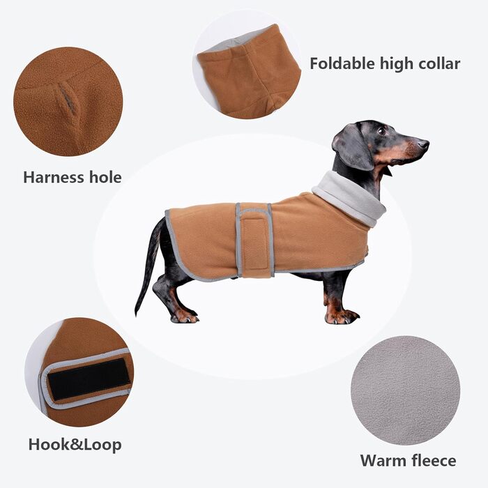 MOREZI Зимова куртка для собак, утеплена, з регульованим кріпленням на липучці та відкидним коміром. Підходить для такс та собак середніх розмірів, коричнева, розмір S (довжина спини: 36-38 см)